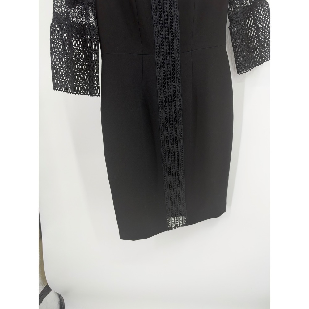 Elie Tahari Black Crochet Sheath Dress – Bell Sleeve Lace Inset Size 2 - Picture 4 of 10
